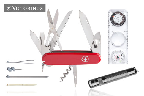 Zestaw Victorinox Traveller-Set scyzoryk, latarka, kompas, skórzane etui