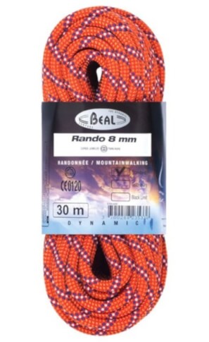 Lina turystyczna dynamiczna Rando 8 mm x 30 m Standard Orange Beal