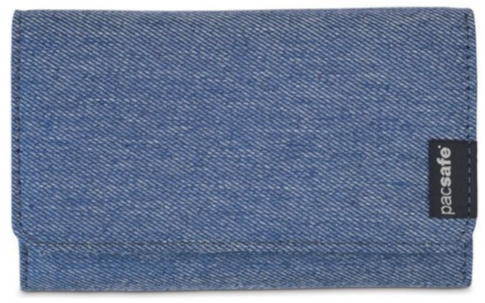Portfel z ochroną kart i zewnętrzną przegrodą na bilon Pacsafe RFIDsafe LX100 Denim