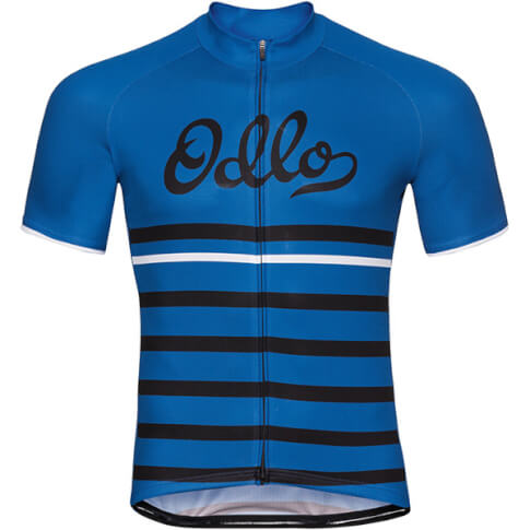 Koszulka rowerowa Stand Up collar full zip Fujin Print Odlo niebieska w czarne pasy