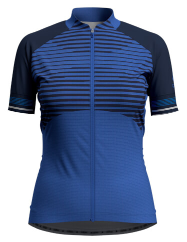 Techniczna koszulka rowerowa damska Stand-up collar s/s full zip Zeroweight granatowa/niebieska Odlo