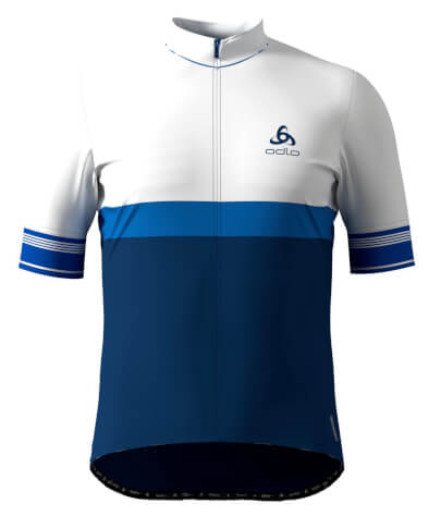 Techniczna koszulka rowerowa męska Stand-up collar s/s full zip Zeroweight biała/niebieska Odlo