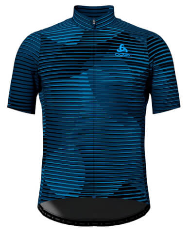 Techniczna koszulka rowerowa męska Stand-up collar s/s full zip Essential niebieskie pasy Odlo