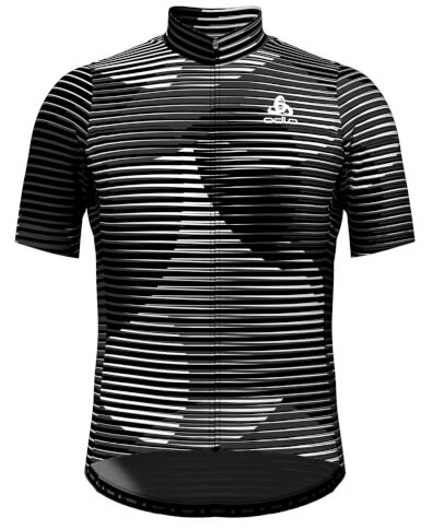Techniczna koszulka rowerowa męska Stand-up collar s/s full zip Essential czarno-białe pasy Odlo