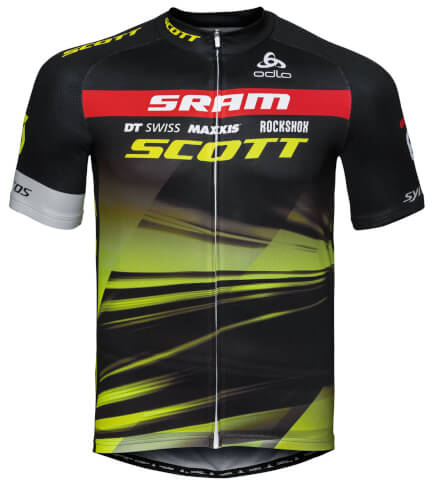 Techniczna koszulka rowerowa męska Stand-up collar s/s full zip SCOTT SRAM z żółtym Odlo