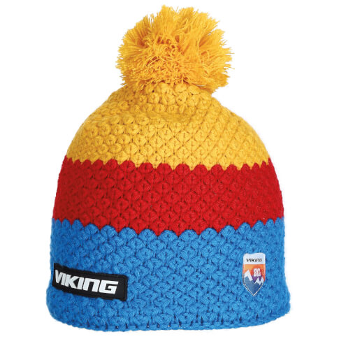 Czapka w pasy z pomponem Graceland Unisex żółty-czerwony-niebieski Viking