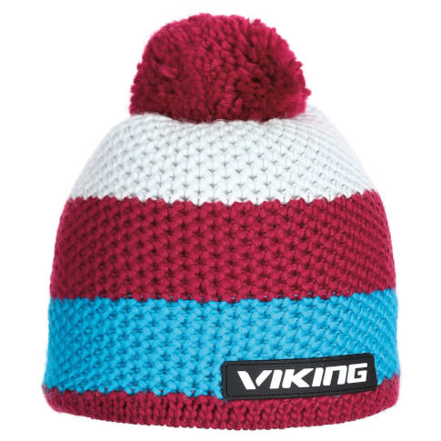 Czapka w pasy z pomponem Windstopper Timber bordowo-biało-niebieska Viking